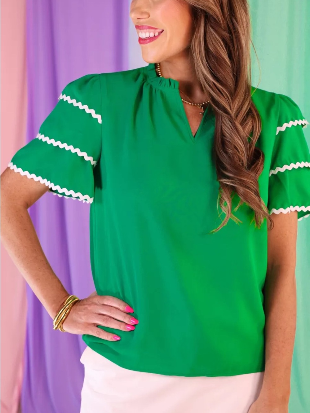 Jess Lea Women's Green Short Sleeve Blouse with Scalloped Trim Size M